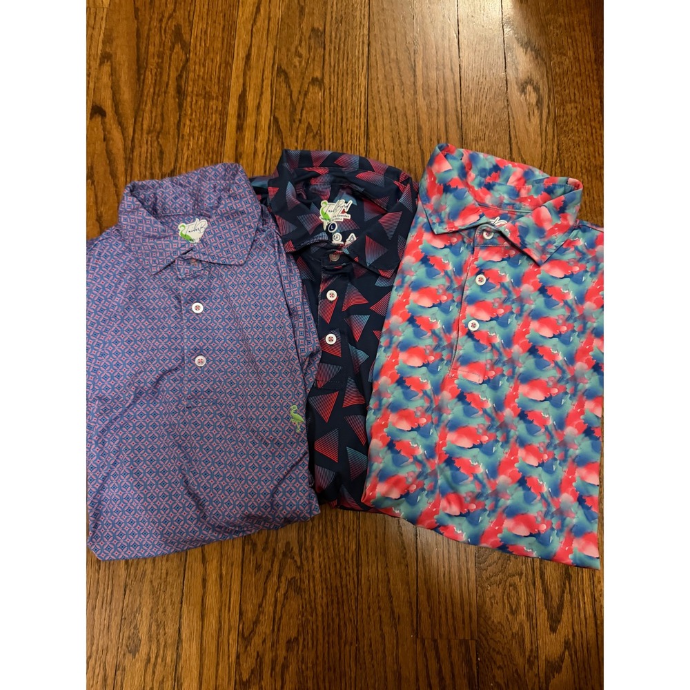 Lot of 3 TailorByrd Golf Mens Performance Polo Shirts Large Geometric Prints